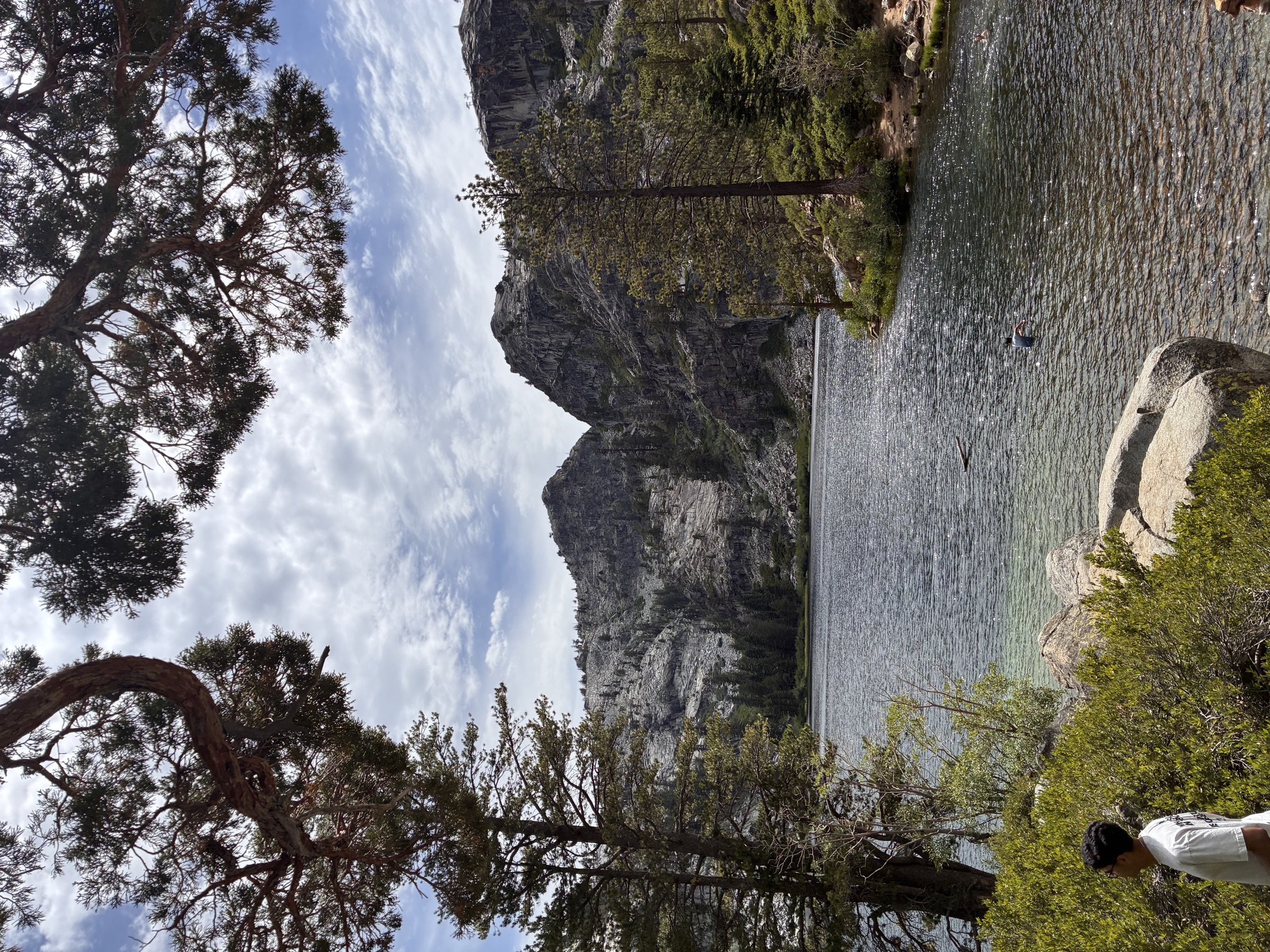 Alpine lake framed by pines and granite peaks